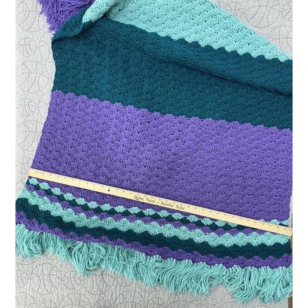 Handmade Crochet Afghan Throw Blanket Teal Purple Fringe Granny Stitch 70s Style
